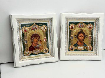 Вінчальна пара ікон у дерев'яній фігурній рамці (27х24 см) VP-042 фото